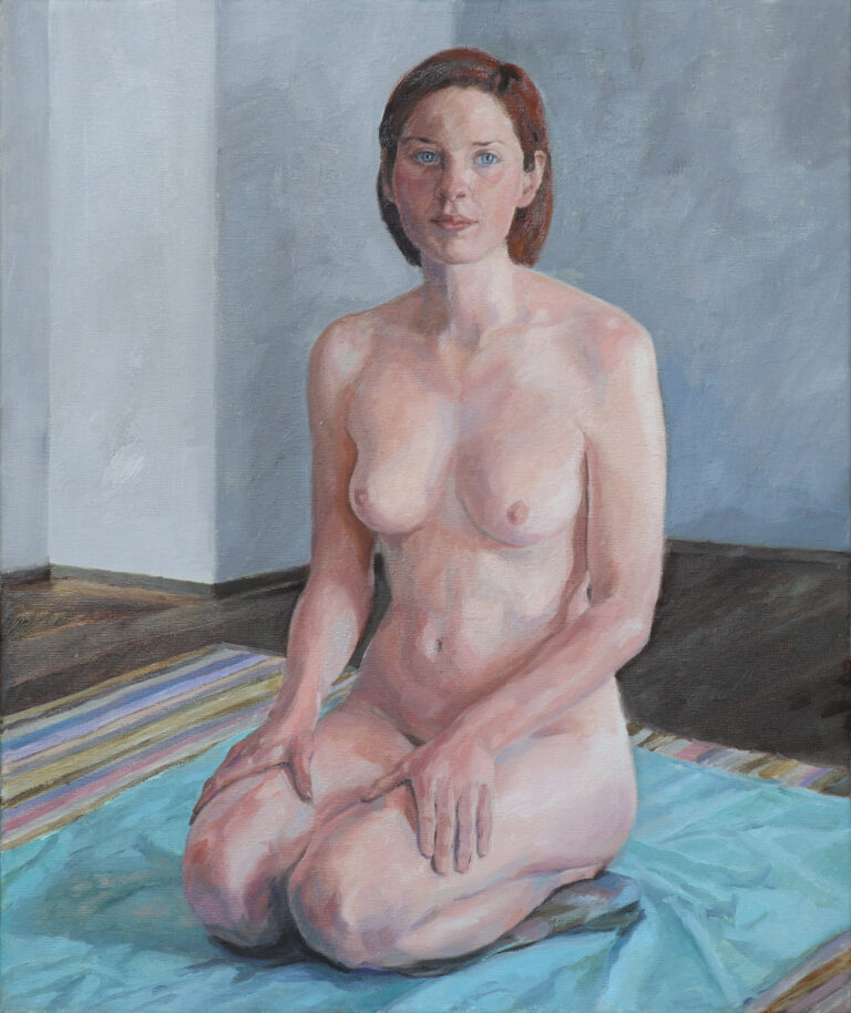Mädchen auf blauem Tuch, 2020, Öl auf Leinwand, 60 x 50 cm