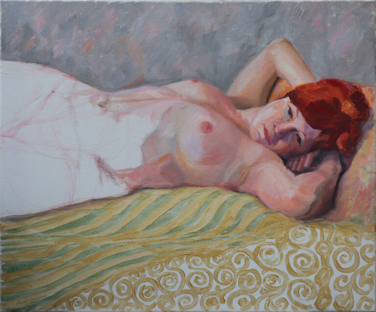 Mädchen mit rotem Haar, 2023, Öl/Rötel auf Leinwand, 50 x 60 cm