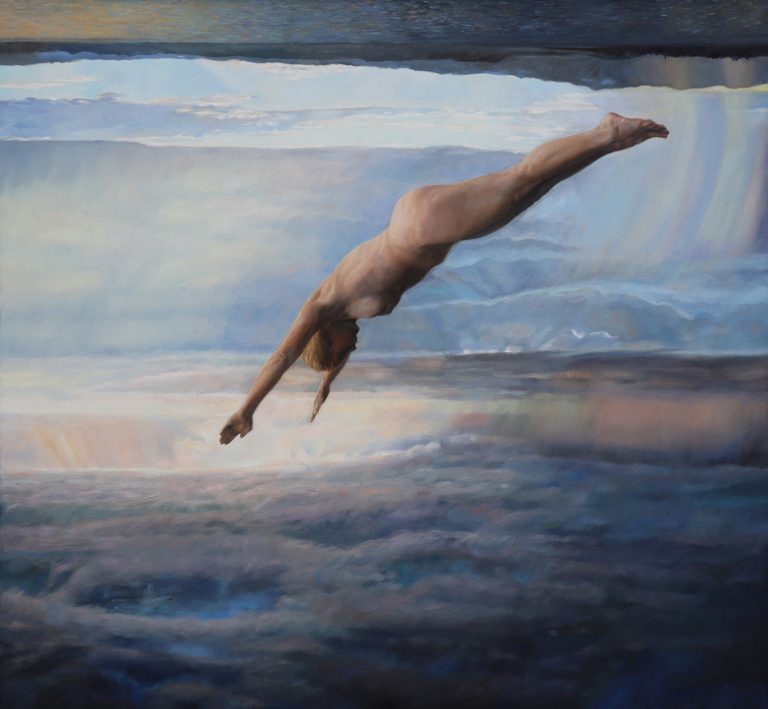 Wolkenspringerin, 2019, Öl auf Leinwand, 120 x 13 cm
