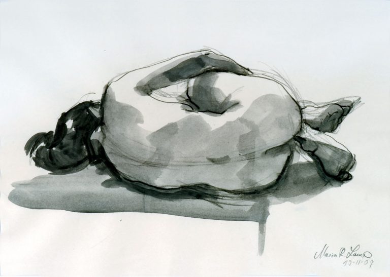 Rückenakt, liegend, 2009, Stift/Tusche auf Papier, 30 x 42 cm