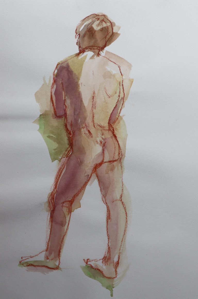 Stehender Akt, 2020, Aquarell und Buntstift auf Papier, 35 x 26 cm