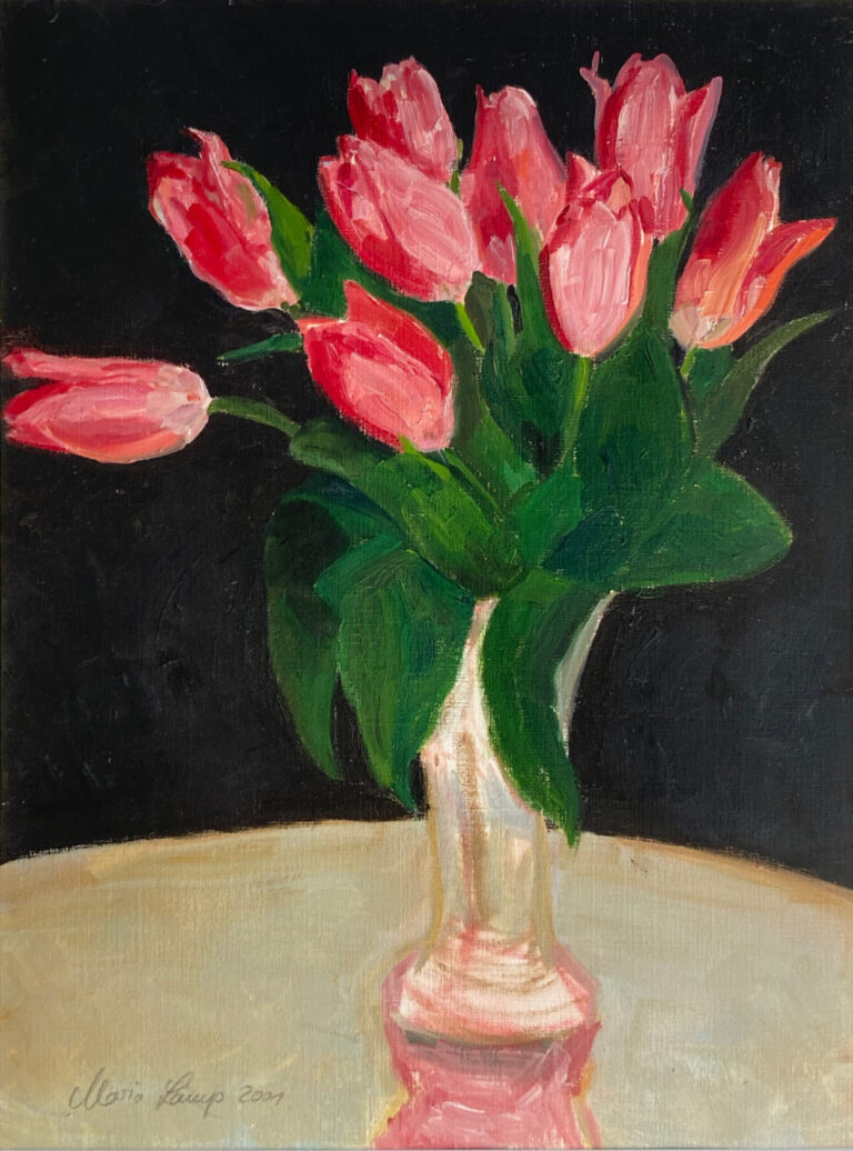 Rote Tulpen auf Schwarz, 2001, Öl auf Papier, 47 x 35 cm