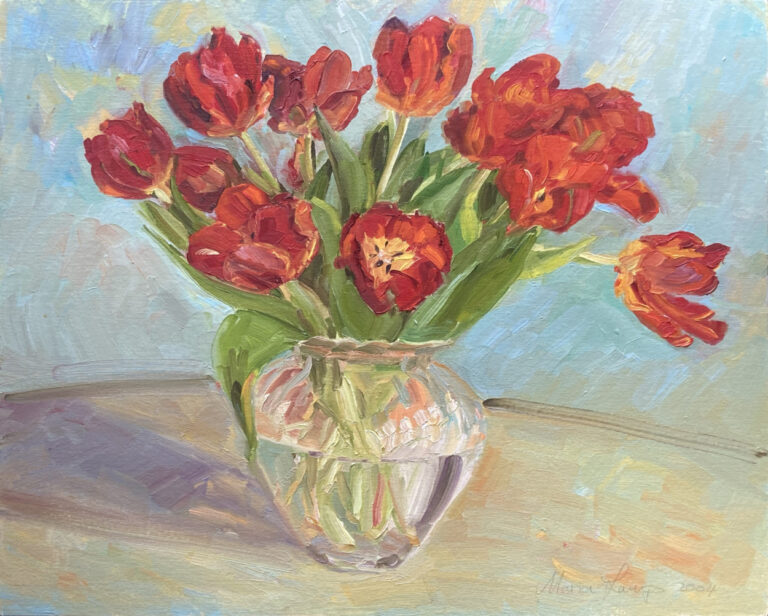 Rote Tulpen, 2004, Öl auf Malpappe, 40 x 50 cm