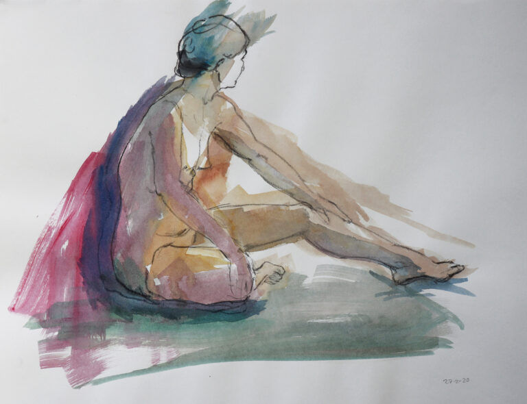 Sitzender Akt, 2020, Aquarell und Buntstift auf Papier, 30 x 50 cm