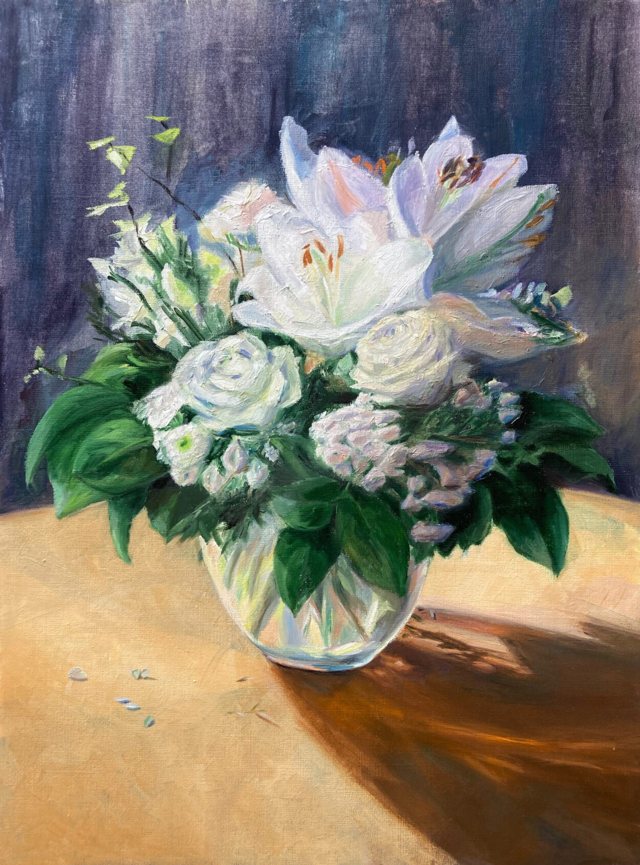 Weisse Lilien, 2023, Oel auf Papier, 56 x 42 cm