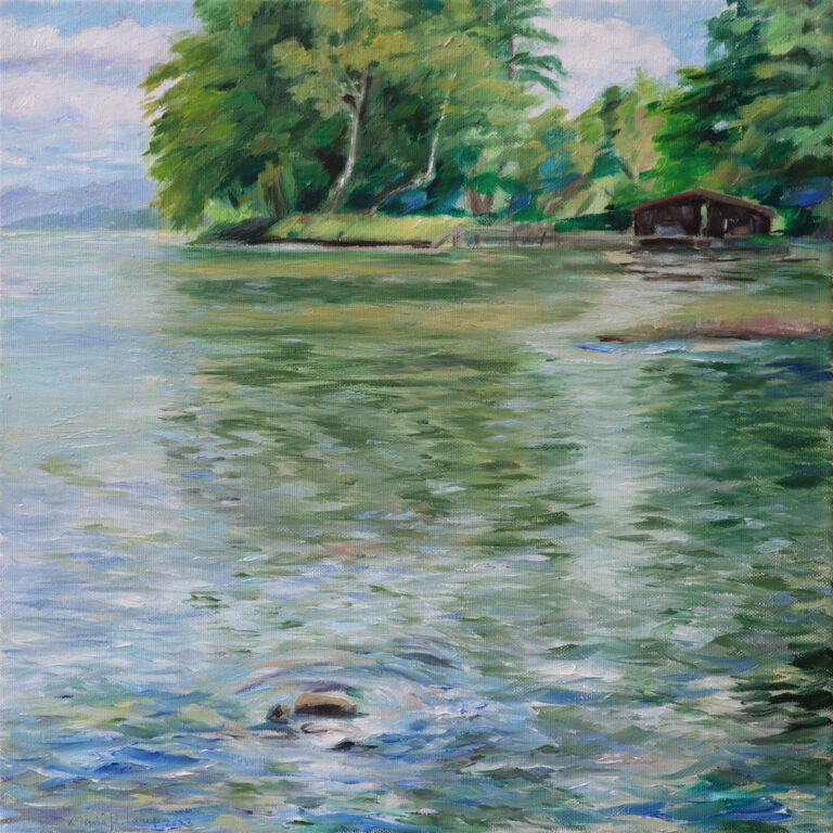 Bootshaus am See, 2023, Öl auf Leinwand, 40 x 40 cm